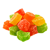 Iconos de gominolas en dados de diferentes colores.